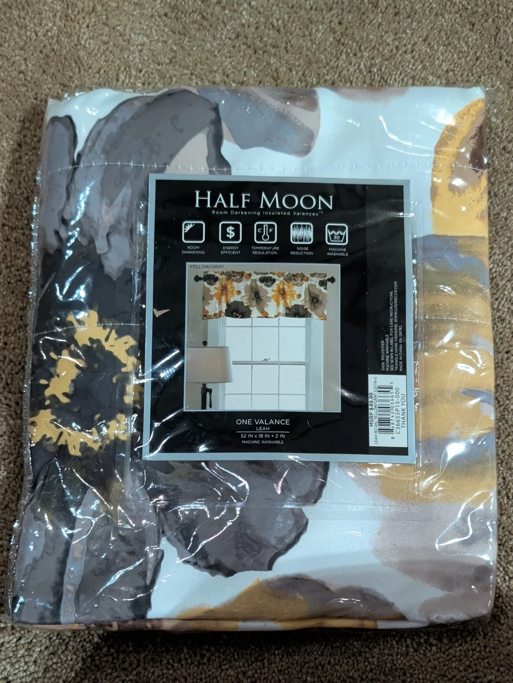 Half Moon Leah  White, Grey, Cream And Yellow Floral Valance 52x18. NWT